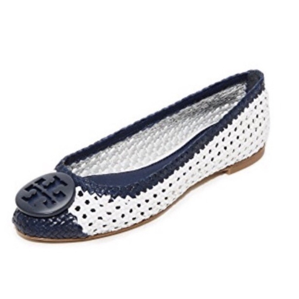 Tory Burch Ballet Flats‎ Pasadena Woven White Navy Leather Women Shoes 6M